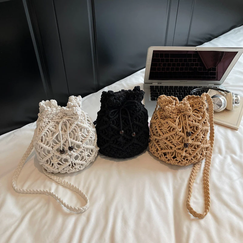 Summer Travel Bag Woven Beach Bag Ladies Crossbody Bag Women Handle Female Bucket Tote Bags Knit