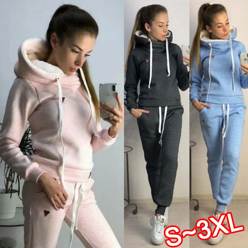 Sports Hoodie Set Women's Fleece Hoodie+Pants Two Piece Set Women's Solid Color Hooded Jogging Set High Collar Long Sleeve Set