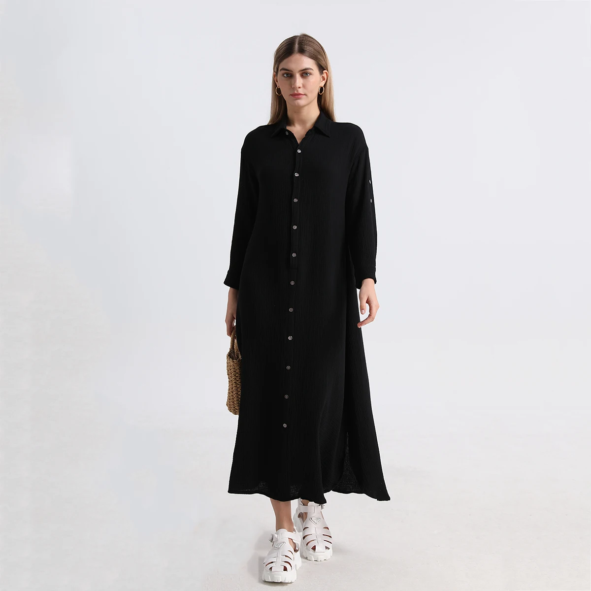 AP 2024 Spring and Summer Women Muslin Shirt Dress Lady Cotton Dress Casual Side Slits Sleeve Length Can Be Adjusted