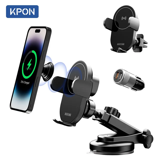 KPON Wireless Car Charger Car Phone Holder Stand Air Vent Mount fast charging 360 Rotate Thick Case Auto 15W for iPhone Samsung