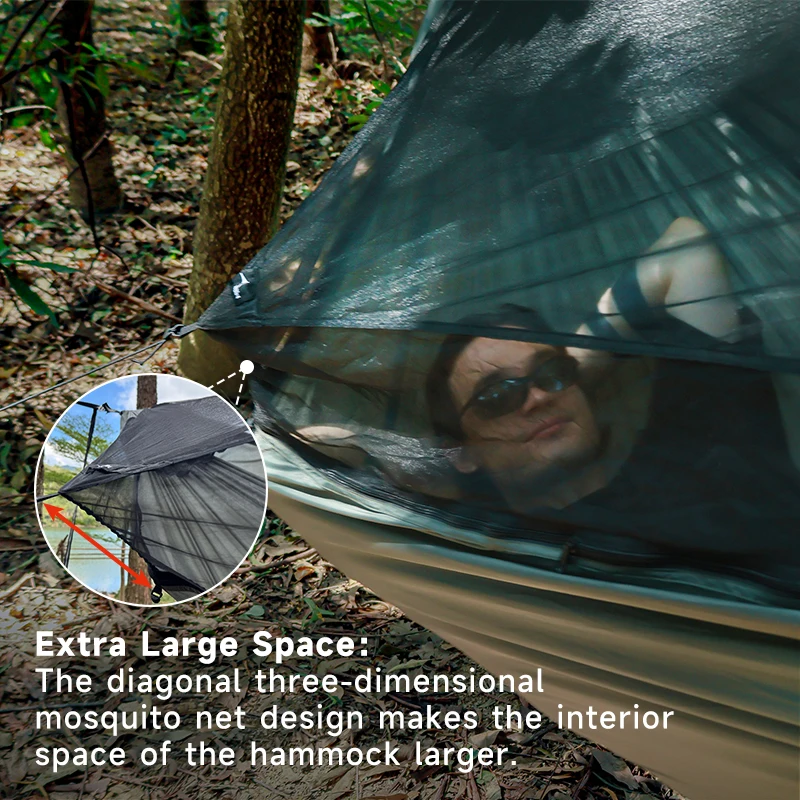 11ft Camping Hammock with Net and Ridge Rope Detachable Full-Open Mesh Lightweight Hammock for Outdoor Hiking Backpacking