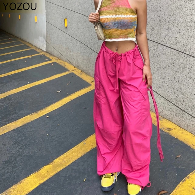 YOZOU Pink Baggy Cargo Parachute Pants Y2k Oversize Loose Black White Red  Gray Women Streetwear Low Waist Wide Leg Trousers - AliExpress