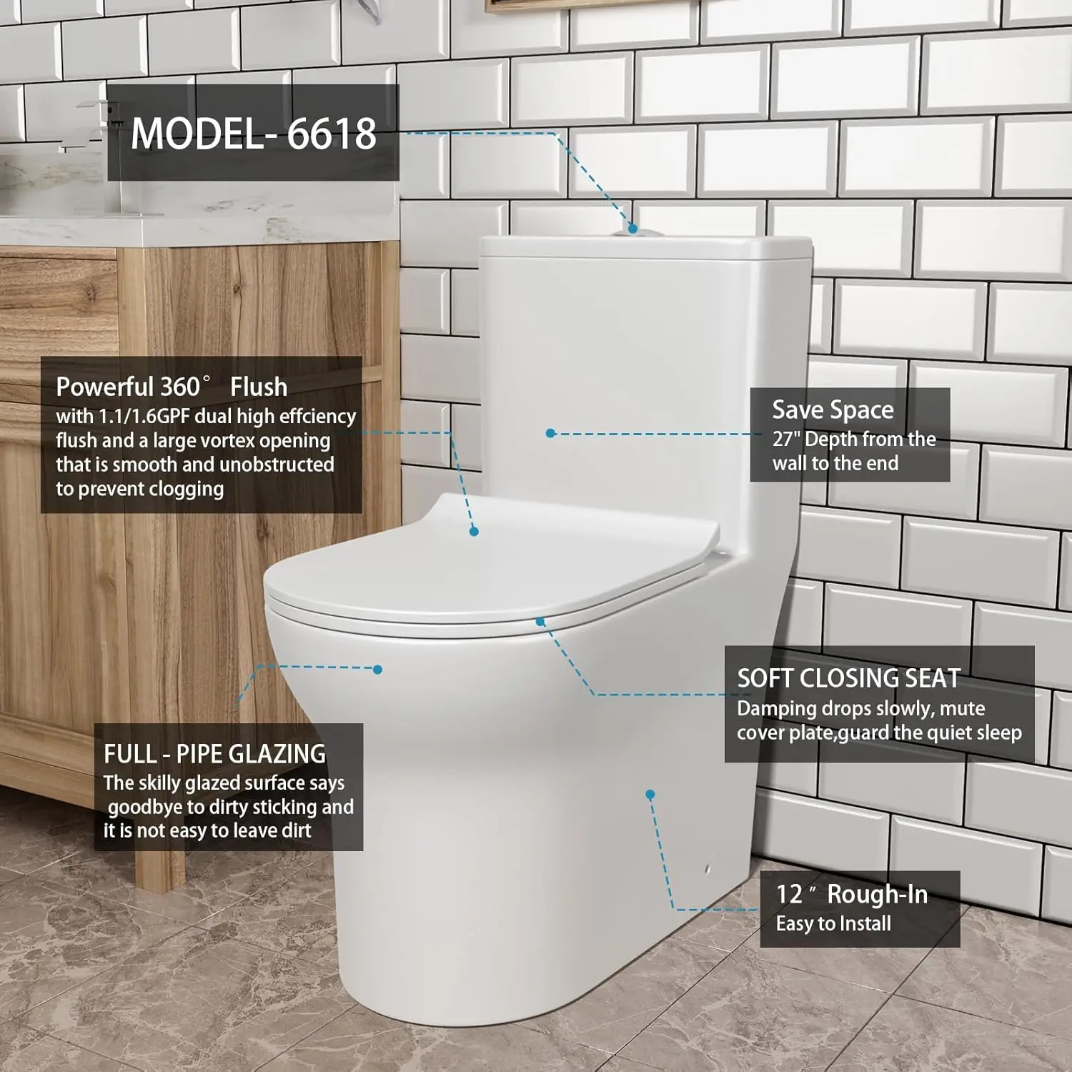 Dual Flush Elongated Standard One Piece Toilet with Comfortable Seat Height Powerful & Quiet Dual Flush Modern Toilet 2