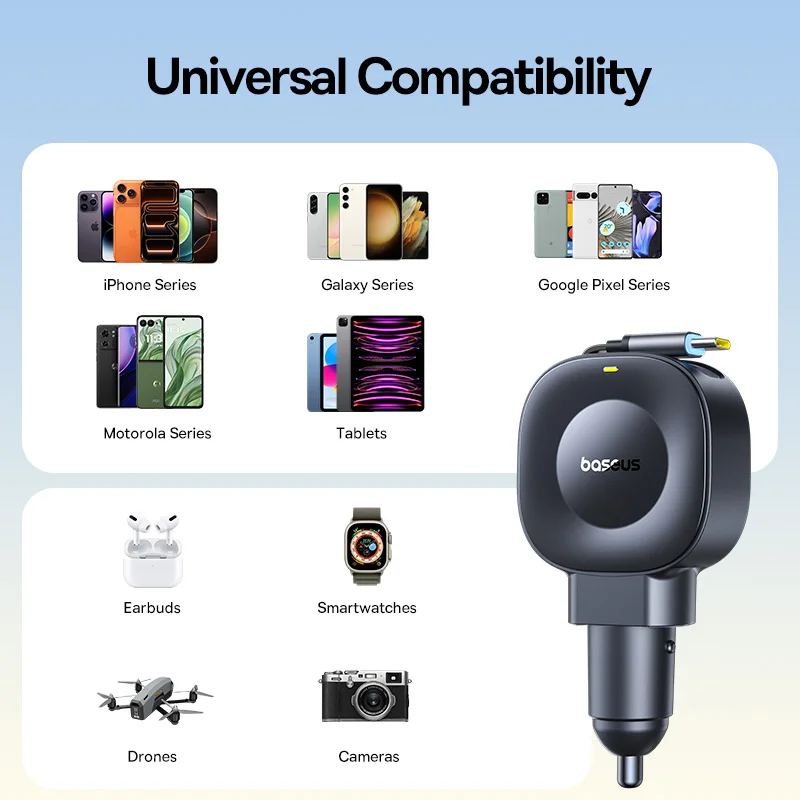 Baseus 45W Car Charger Dual Fast Charging Car  Phone Charger Built-in Retractable Cable For Tablet Samsung iPhone Xiaomi HUAWEI