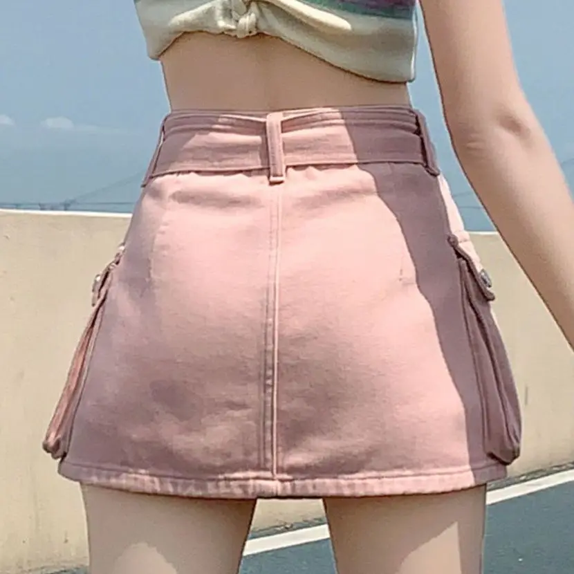Fashion A- Line Cargo Pocket Design Denim Skirt Women's Anti-Exposure Sheath Skirt High Waist Slimming Streetwear Pink Skirts