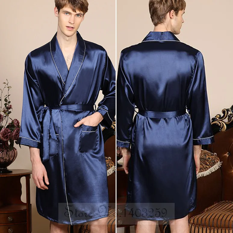 Men Robe Sleepwear Plus Size 3XL 4XL 5XL Navy Blue Stripe Kimono Bathrobe Gown with Pocket Summer Satin Home Clothes Lounge Wear