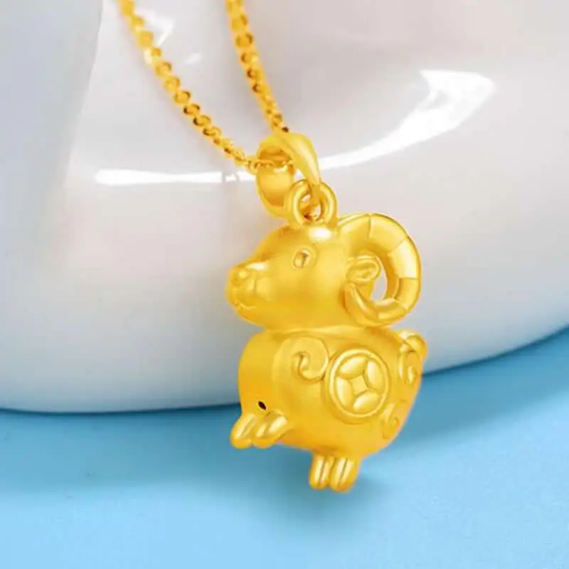 

Pure 24K Yellow Gold Pendant Women 3D Gold Chinese Zodiac Sheep Necklace Pendant