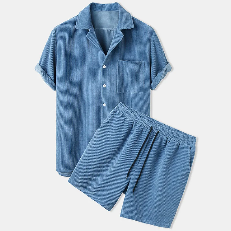 Summer Men’s Corduroy Shorts Set with Lapel Short Sleeve Shirt and Matching Shorts from CyberStreetOne.com blue