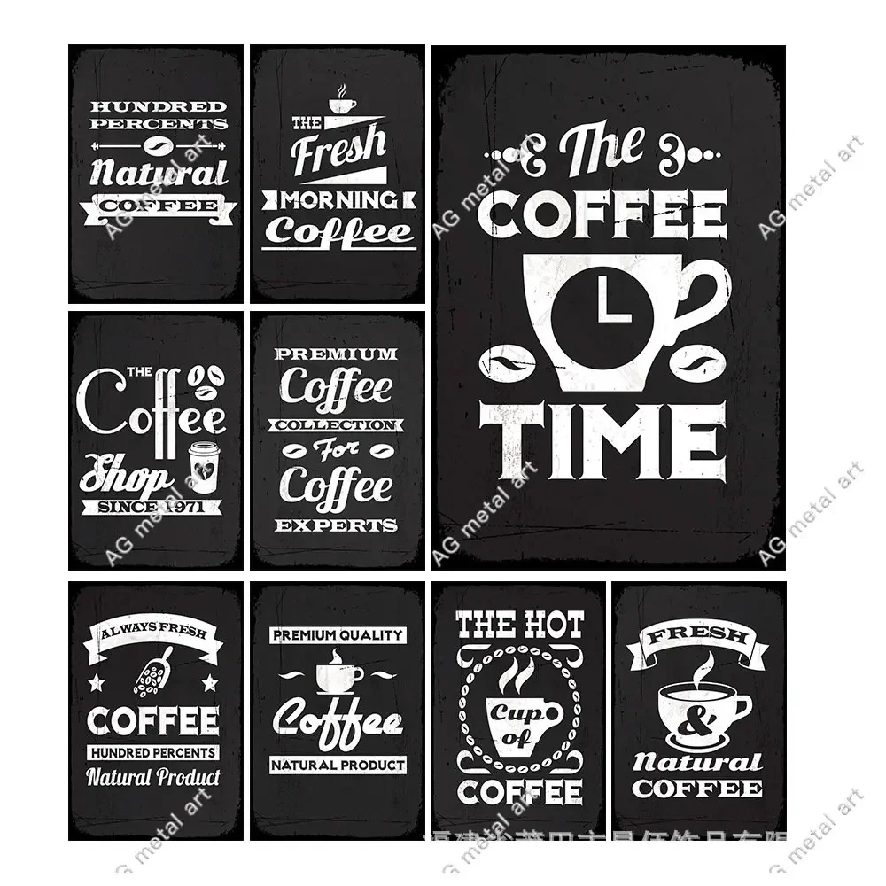 

Metal Signs Coffee Time Black Background Decorative Plaques Vintage Cafe Bar Tin Sign Plate Painting Decor Kitchen Wall Poster