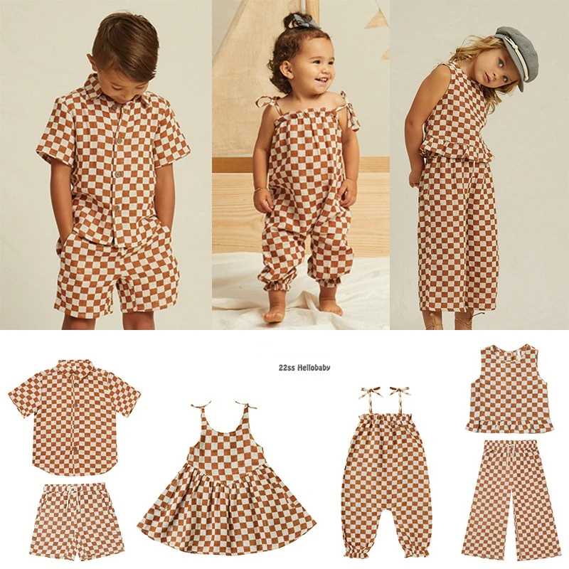 

22 Summer New Children's Sets Cotton and Linen Checkerboard Series Boy Baby Shirts Shorts Overalls Vest Girl Dress
