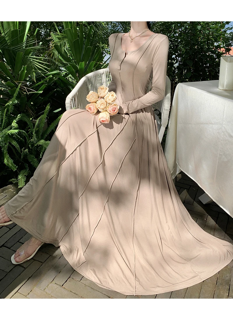 Casual Knitted Dresses for Women Long Sleeves Square Collar A-line Autumn Maxi Dress Korean Fashion Solid Vestidos Mujer New
