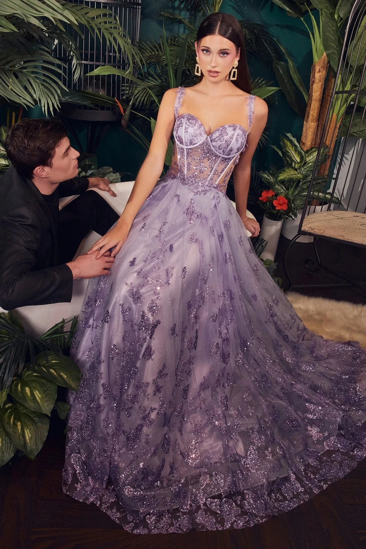 

Princess Lavneder Tulle Printed Butterfflies Sequin Florals Evening Dresses for Wedding Floor Length فساتين للحفلات الراقصة
