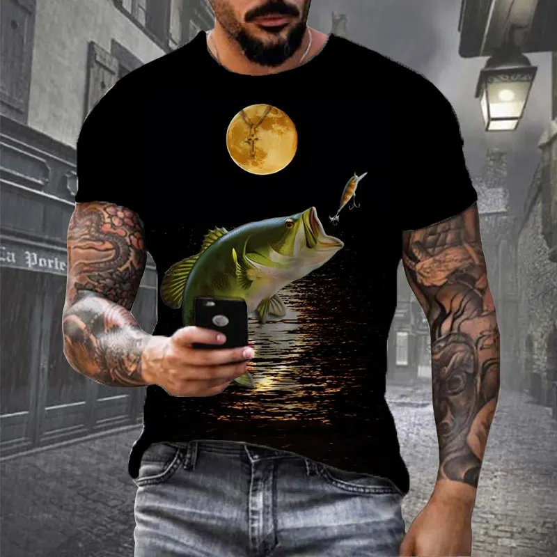 

Summer Classic Black Men's T-shirt Fish Pattern Unisex T shirts Casual Women's Tops O-Neck Pullover Tees Personalized Freedom