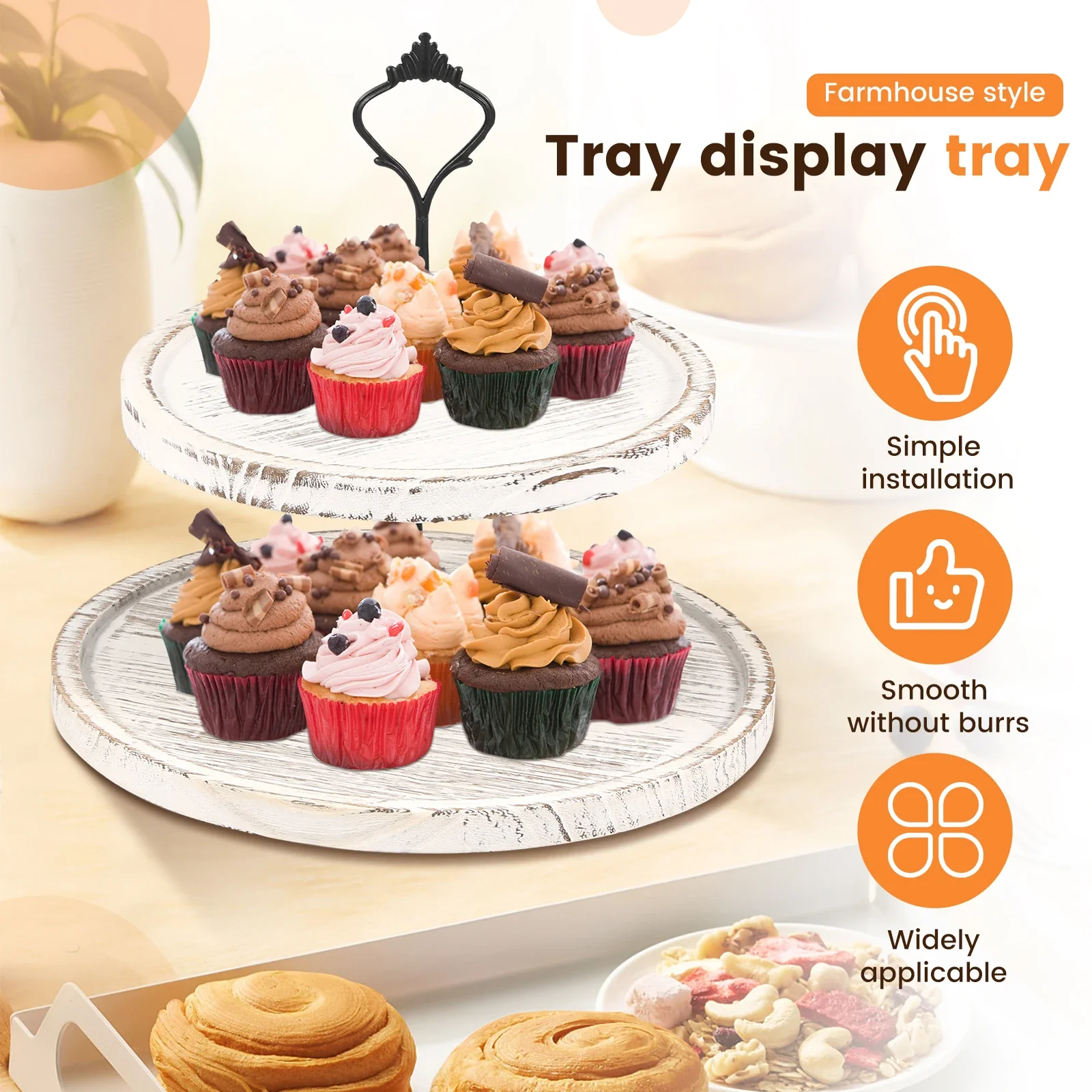 Wooden 2 Tiered Tray Round Farmhouse Kitchen Table Decor Serving Tier Tray Food Fruits Cupcake Display Coffee Bar Home Party 2