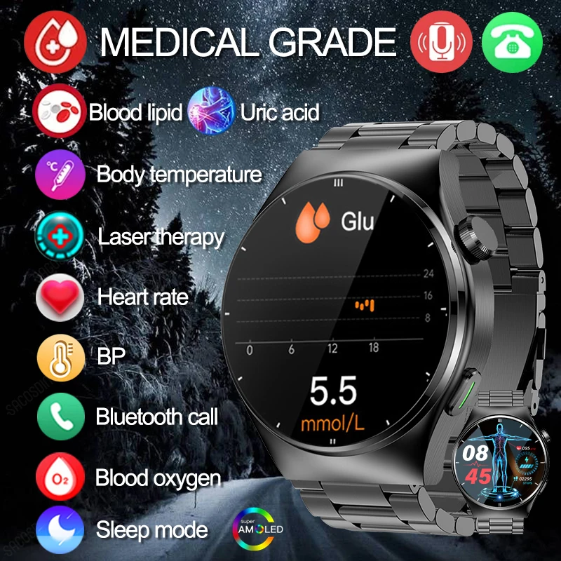 

Laser Physiotherapy+Call+Blood Lipids Uric Acid Health Smart Watch Mens Accurate Blood Oxygen Blood Pressure Blood Glucose Watch
