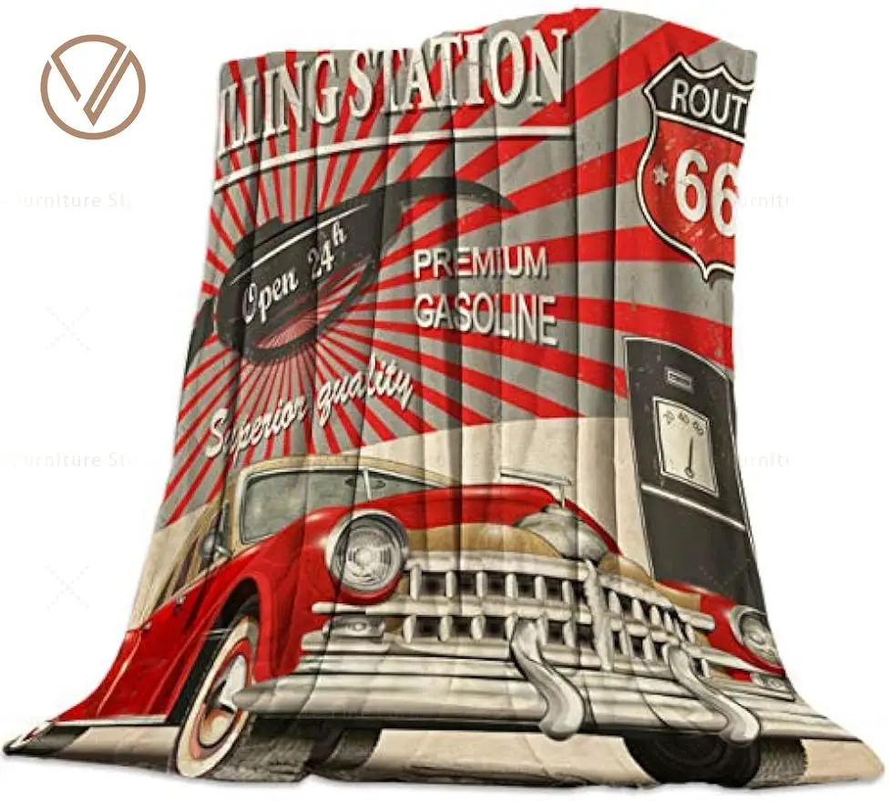 

Ultra Soft Flannel Fleece Bed Blanket Vintage Car Filling Station Route 66 Throw Blanket All Season Warm Fuzzy Light Weight