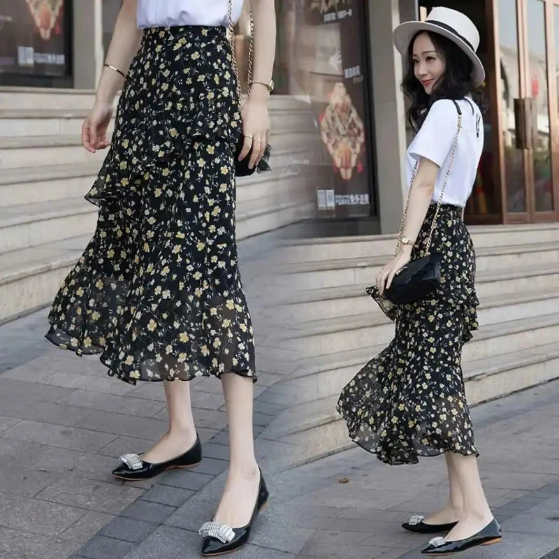 

2023New High Waist A-line Small Fresh Fragmented Flower Irregular Ruffle Edge Skirt Mid Length Chiffon Half Skirt Women's Summer