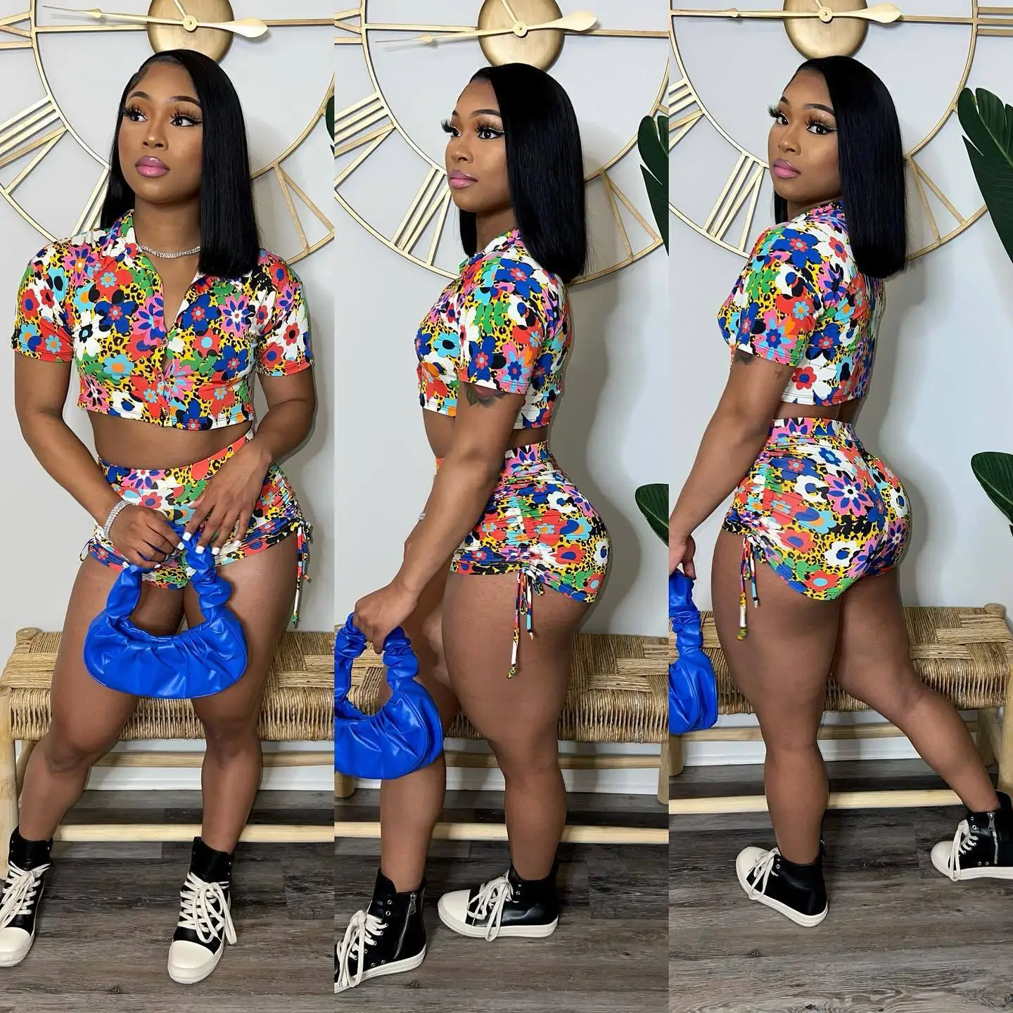 

Printed Crop Tops 2 Piece Shorts Pants Outfits Y2k Matching Set 2023 Women Clothes Summer Drawstring Shorts Two Piece Tshirt Set