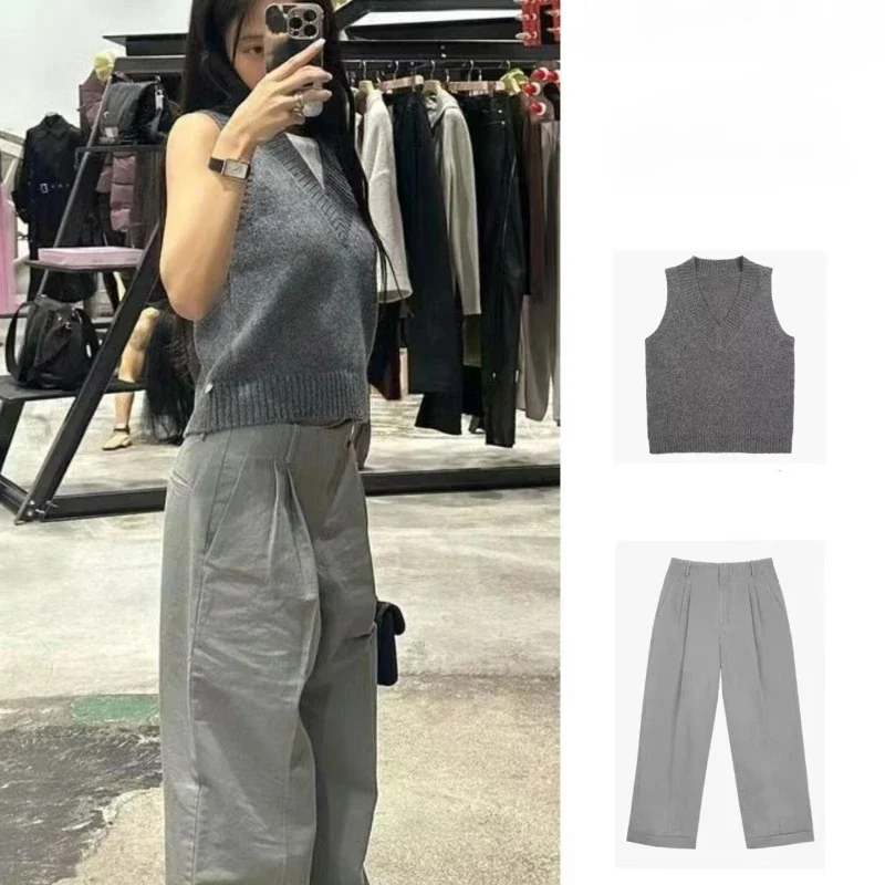 

Kpop Korean Singer Summer Fashion Gray V-neck Knit Vest Slim Crop Tops Women Streetwear Loose Straight Suit Pants Two Piece Set