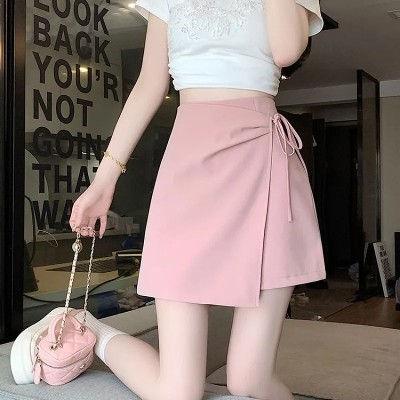 Women's Skirt with Strings Female Skirts Pink Irregular High Waist Short Vintage Korean Style Clothing Sales Aesthetic Modest V 4