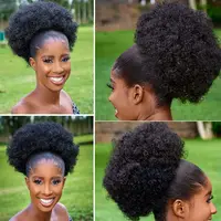 Grande queue de cheval synthétique Afro avec cordon de serrage, Extensions capillaires courtes crépues et bouclées de 10 pouces avec 2 Clips 5