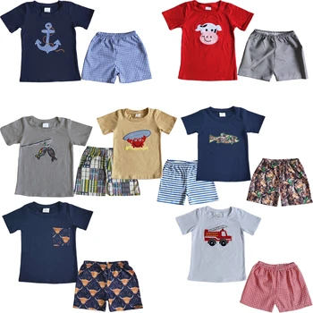 Wholesale Baby Boy Embroidery Clothing Short Sleeves Cotton T-shirt Plaid Shorts Children Kids Sets Outfit 1