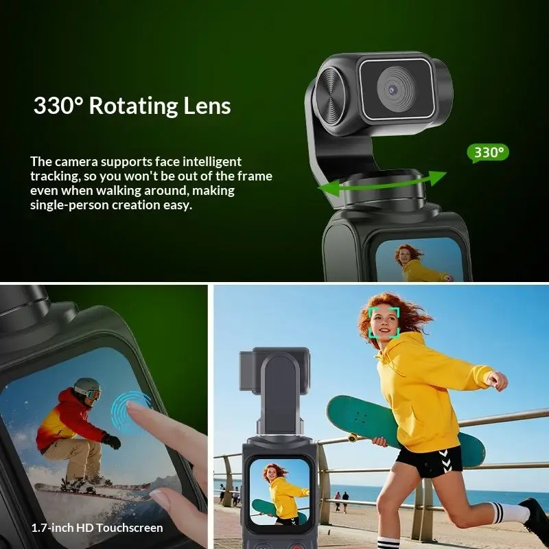Caméra action 4K Ultra HD avec cardan intégré et suivi automatique filmant un sujet en mouvement, avec le suivi facial activé.