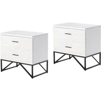 Bedside Table.Set of 2Modern 2-Drawer Nightstand, Contemporary Line Accent End Side Table with Black Metal Base,Distressed White 1