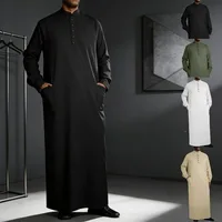 Arabic Thobe for Men Long Stand Collar Button Down Robe Islamic Muslim Jubba Casual Wear