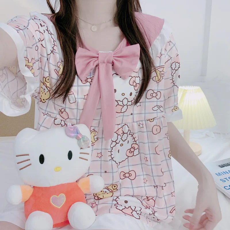 

Kawaii Milk Silk Cartoon Anime Hello Kitty Pajamas Women's Summer New Doll Collar Short Sleeve Shorts Homewear Set