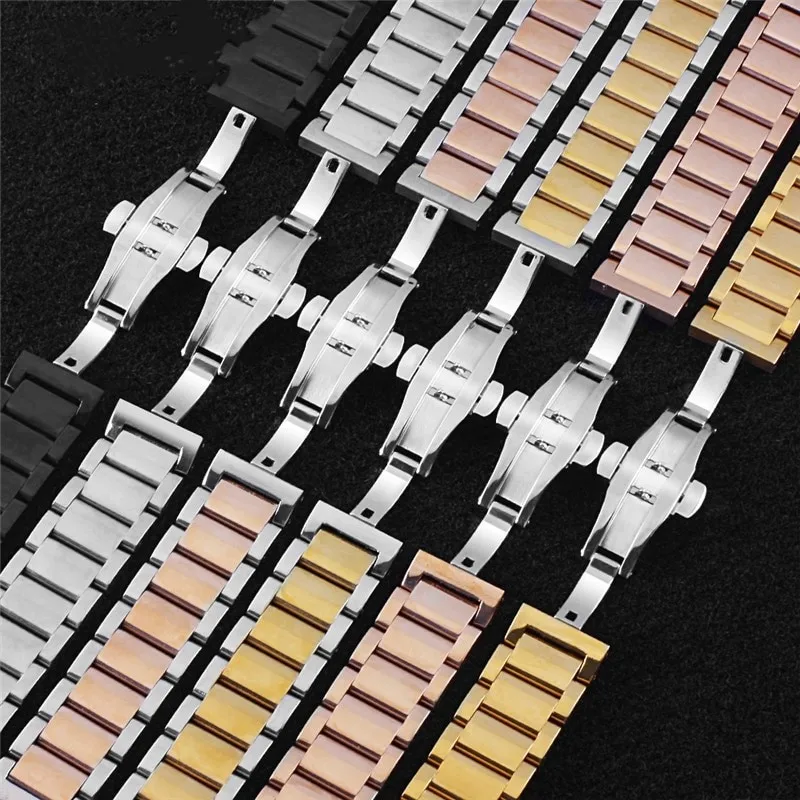 Three Bead Solid Stainless Steel Watch Strap with Tool - Adjustable Width