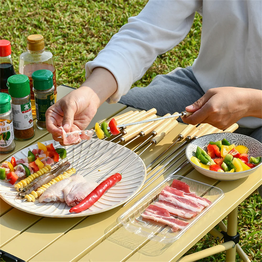 Barbecue Skewers Barbecue Tools Flat Skewers Stainless Steel Needle with Wooden Handle for Grill Barbecues Outdoor Kitchen Dining Bar Picnic Cooking BBQ Gadgets