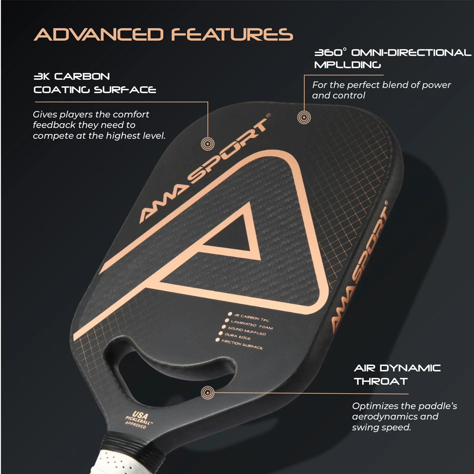 AMASPORT USAPA Pickleball Paddle with Maximum Spin 3K Friction Carbon Fiber Graphite Texture Surface Edgeless Pickle ball Paddle