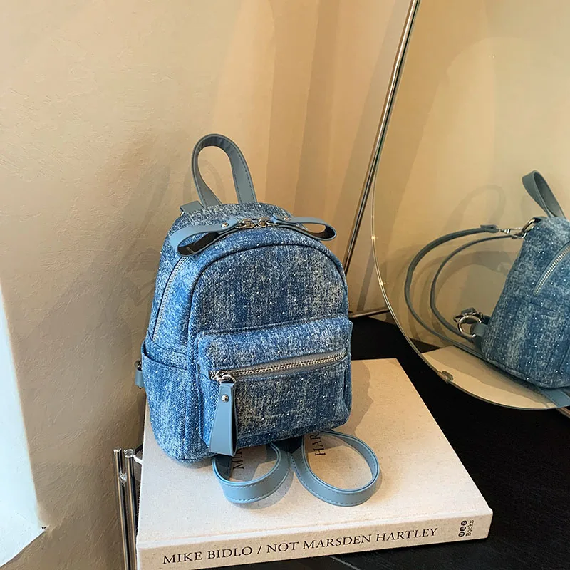 New Women Preppy Style Mini Backpacks Y2K Shiny Rivet Student Denim Backpack Girls Fashion Travel Canvas Shopping Shoulder Bag 4