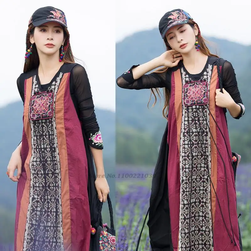 2024 chinese vintage dress traditional qipao woman elegant flower embroidery sleeveless dress female national folk dance dress