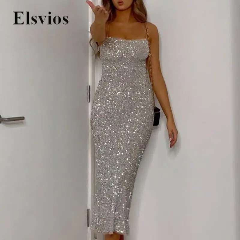 

Women Sexy Sleeveless Sling Long Dress Elegant Off Shoulder Bodycon Evening Dress 2024 Fashion Glitter Sequin Shiny Party Dress