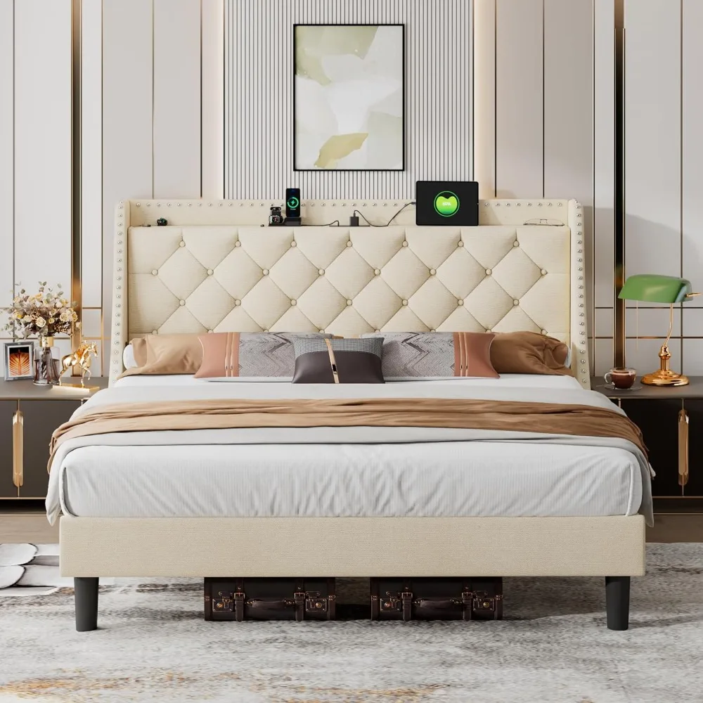 King Bed Frame with 16" Deluxe Wingback & Charging Station, Upholstered Platform Bed with Button Tufted Storage Headboard,Beige