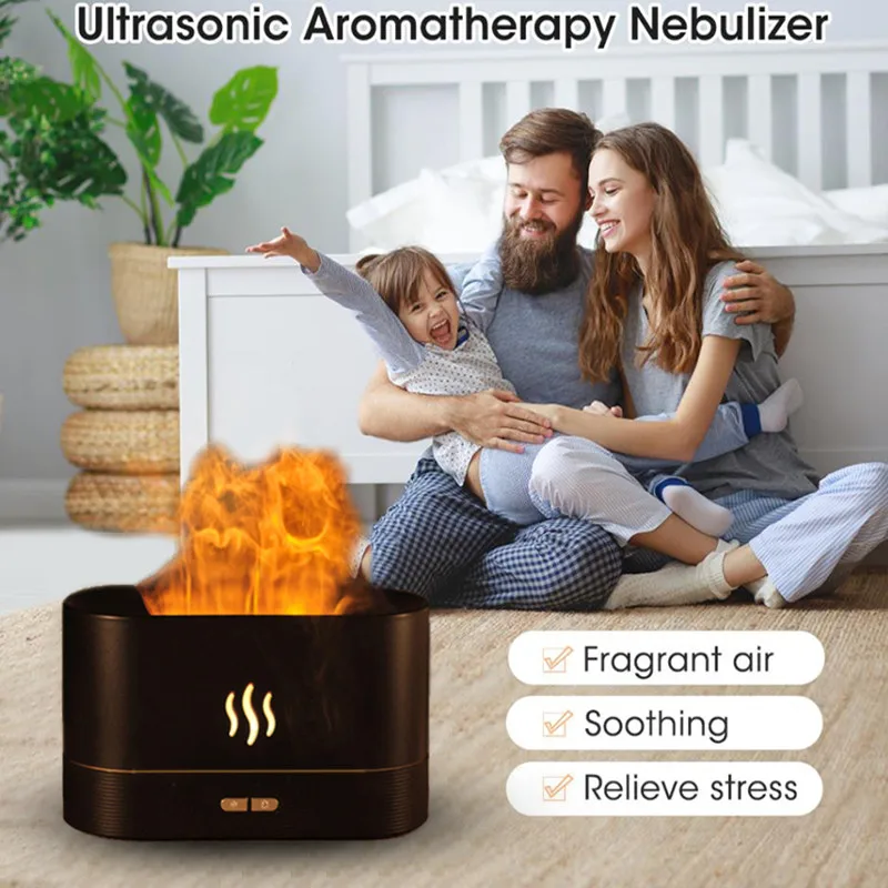 USB Simulation Flame Night Light with 250ML Water Tank Humidifier Aroma Diffuser for Home Office Bedroom Atmosphere Desk Lamp