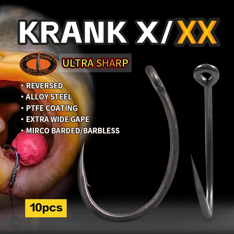 10 hameçons de pêche à la carpe Krank Extra Wide Gape, acier allié inversé micro-barbelés ou