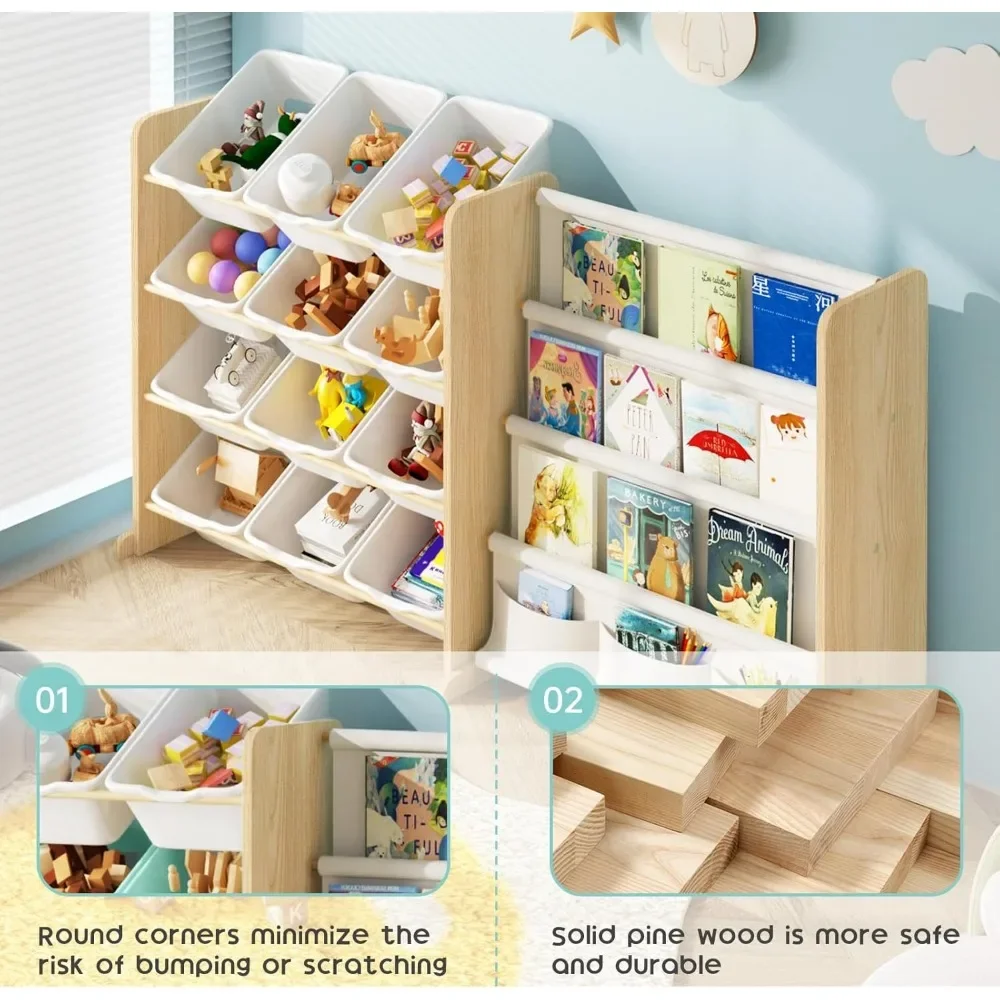 Kids Toy Storage Organizer-Toy Organizer with Kids Bookshelf,Toy Storage with 12 Toy White Bins and 4 Book Shelves 5