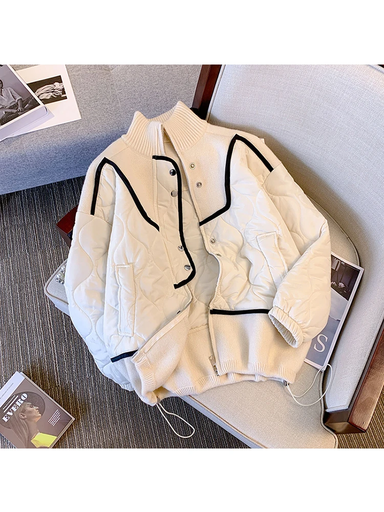 

Knitting Stitching Design Outwear Korean Fashion Female Clothes Winter Women's Cotton Coat Stand Collar Long Sleeve Loose