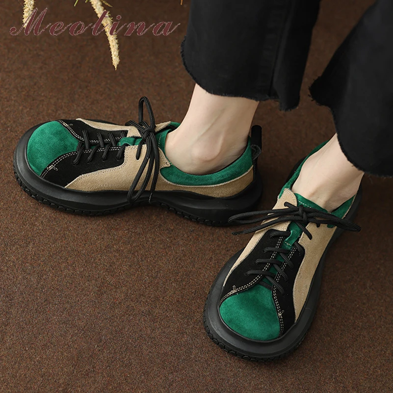 

Meotina Women Genuine Leather Round Toe Platform Flats Lace-up Ladies Mixed Colors Fashion Cow Suede Shoes Spring Autumn Brown