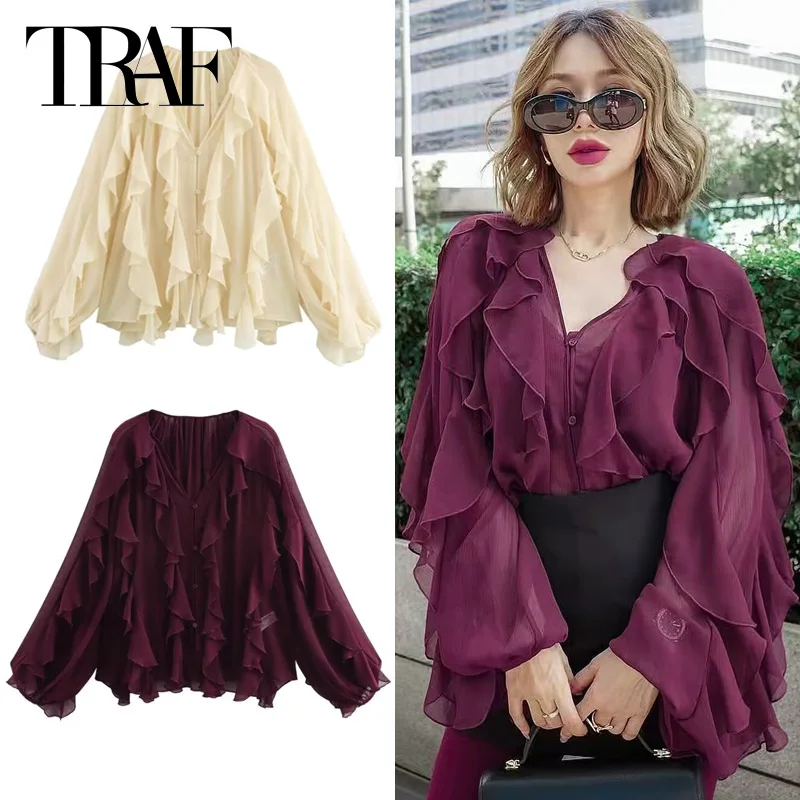 TRAF Woman 2025 Ruffle Shirt Spring Summer Shirts & Blouses Semi-Sheer Button Oversized Shirt Elegant Tierred Resort Blouses 066