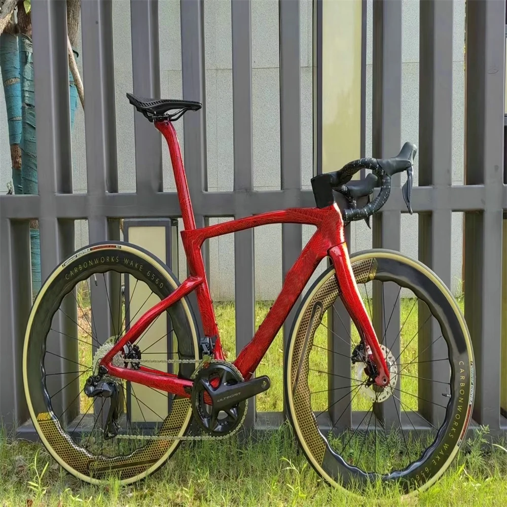 

T1100 1K F14 Carbon Road Complete Bike Red Ice crack Finish Chinese Full Bike with R7020 GROUPSET 6560 Gold Carbon Wheelset 65mm