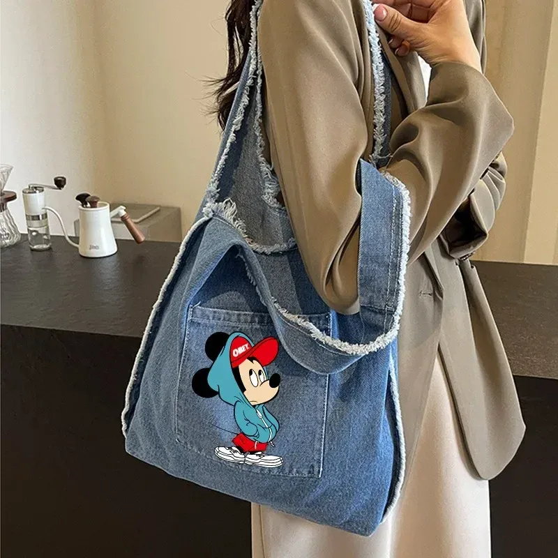 Mickey Minnie Denim Shoulder Bag Disney Girl Casual Travel Shopper Fashion Y2K Cartoon Anime Underarm Bags Harajuku Handbag Gift