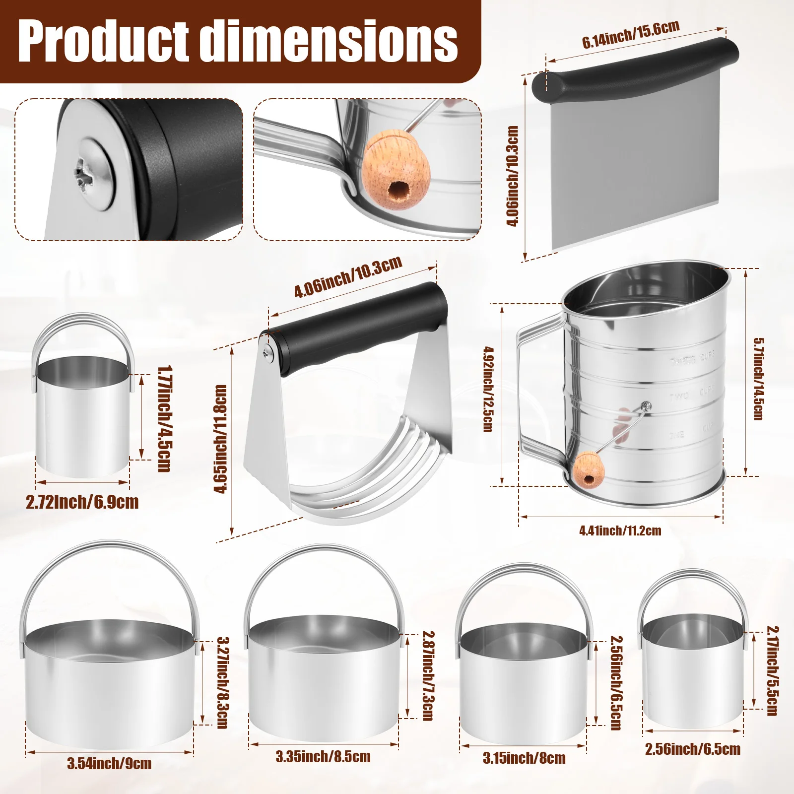 1 Set Circle Biscuit Cutter Set Stainless Steel Flour Sifter Dough Blender and Cookies Cutter Mold Kits with Handle for Biscuits