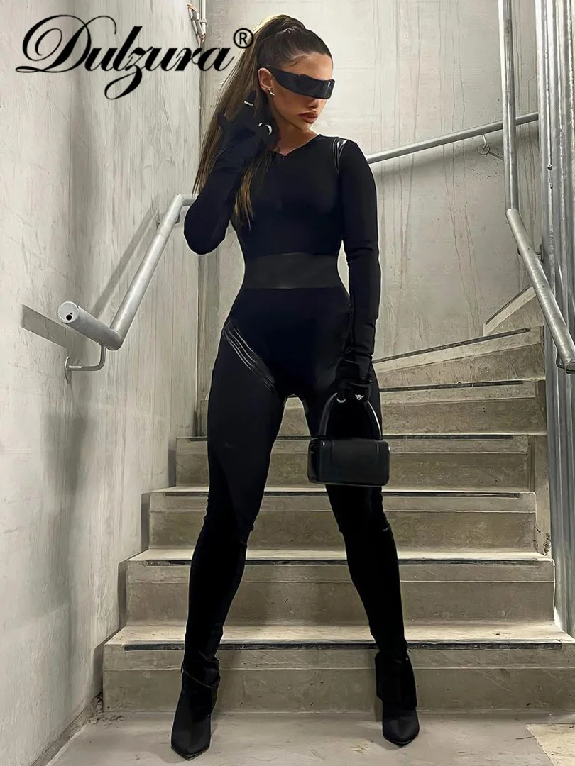 

Dulzura Autumn Patchwork Y2K Clothes Long Sleeve Side Slit Bodycon Skinny Jumpsuit Women 2022 Club Streetwear Sporty Wear Romper