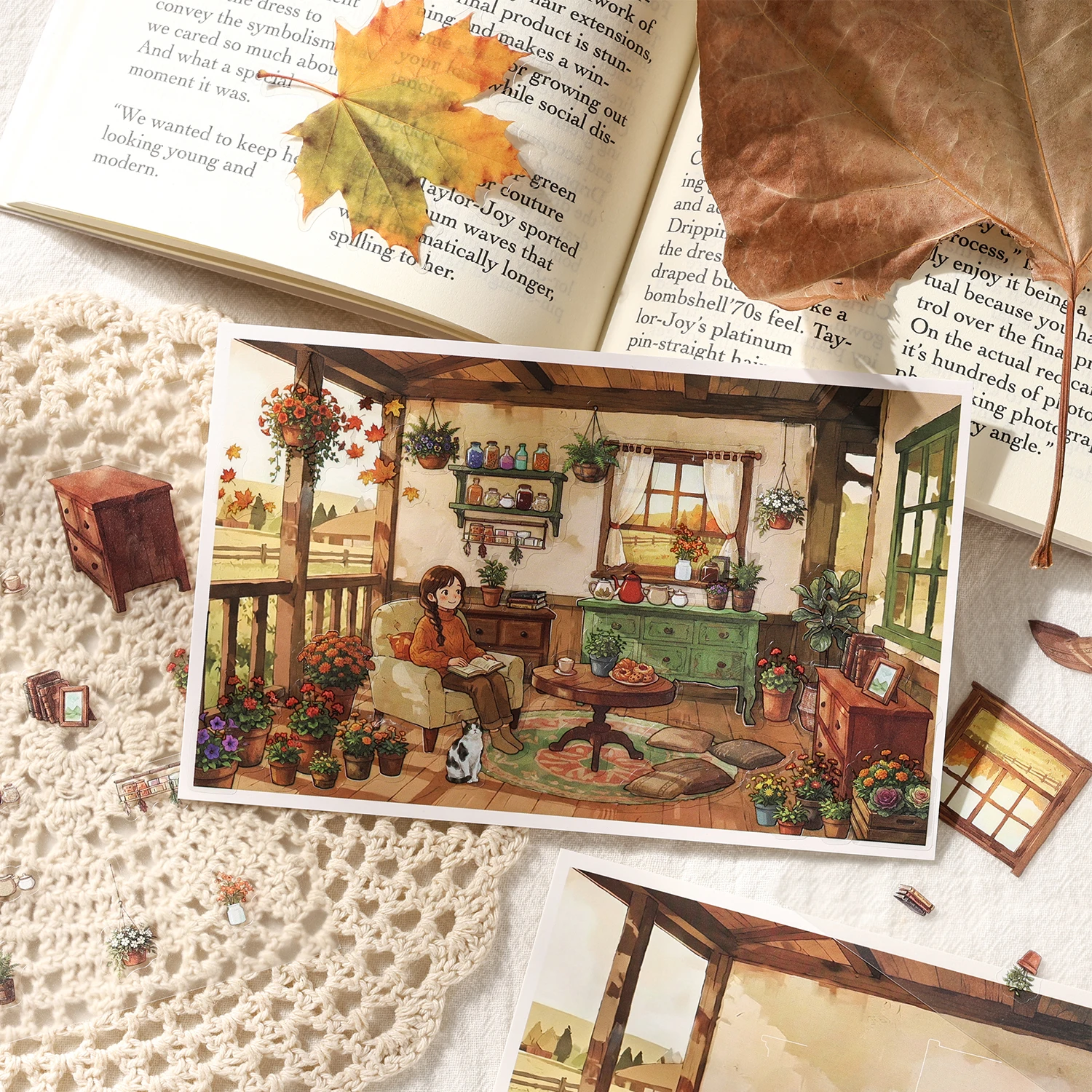3Pcs Garden & Room PET 장면 스티커, 3D Cottagecore 인테리어 및 익스테리어 데칼