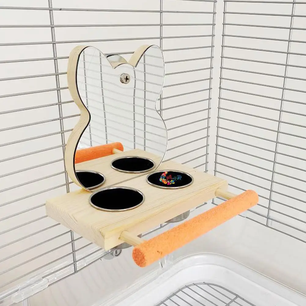 Parrot Mirror Toy with Stainless Steel Feeding Cups Bird Wooden Frames with Cage Perch for Macaw African Greys Budgies Parakeet