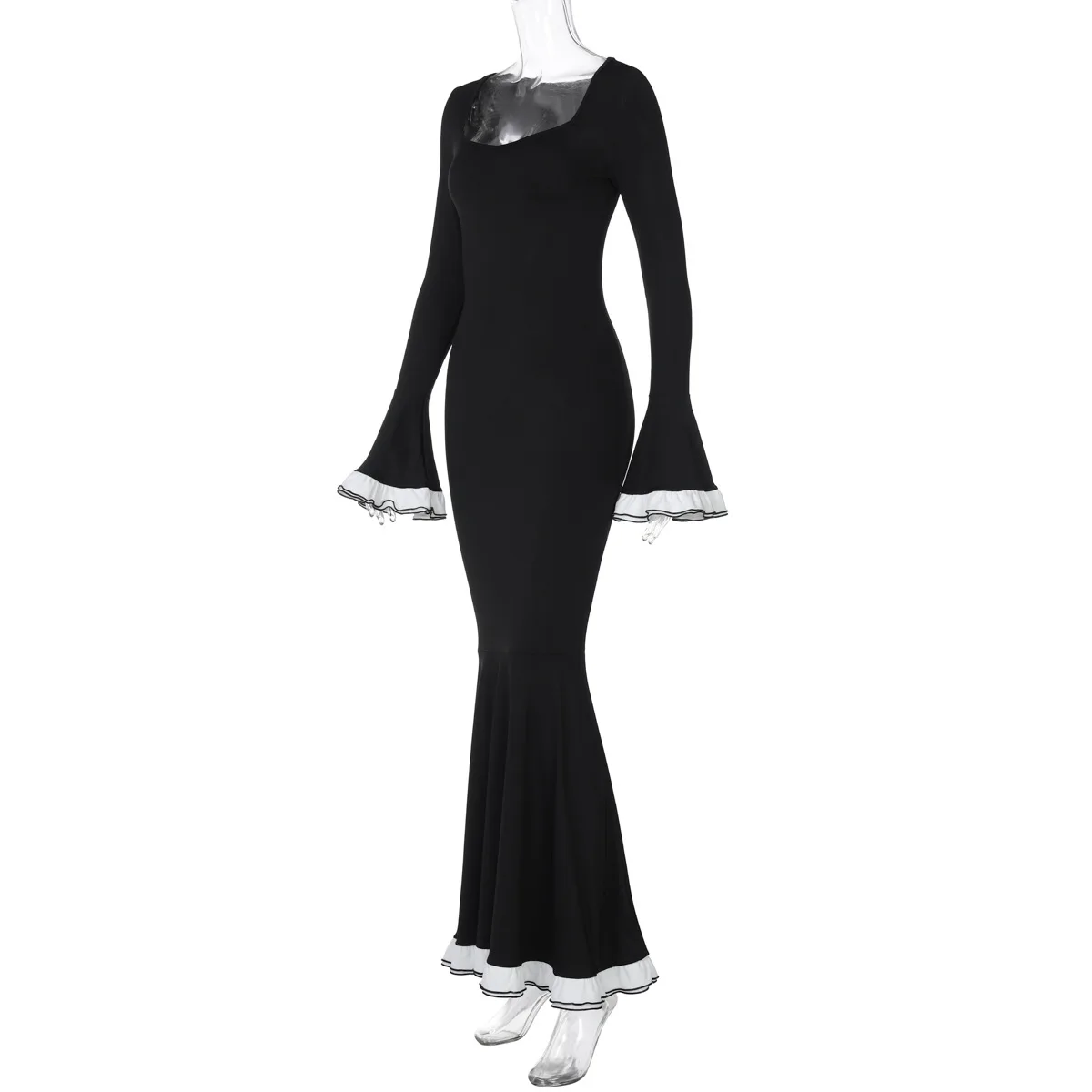 Ruffled Fashion Elegant Long Dress For Women High Waist Square Collar Patchwork Slim Solid Party Dress Female Maxi Dress